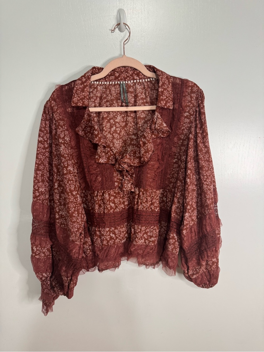 Anthropologie Rust Floral Ruffle Peasant Blouse